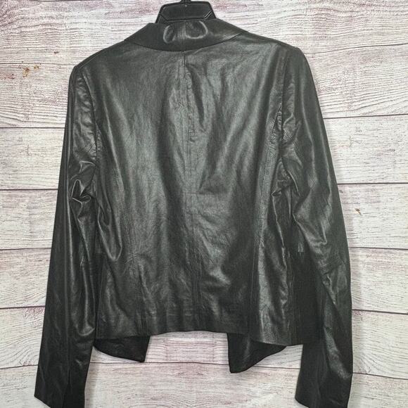 Vince. Women's Black 100% Leather Shawl Collar Tuxedo Open Front Jacket Size 10 - Picture 9 of 12